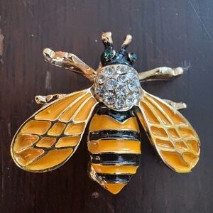 Gold and Black Bee Brooch with Rhinestones
